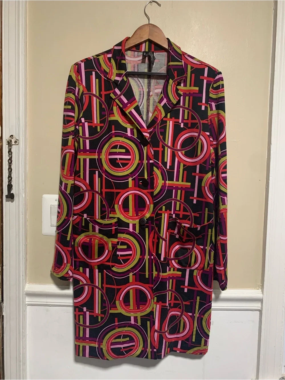Vintage Lynn Ritchie Geometric Silk Blend Longline Blazer Jacket Size M Retro